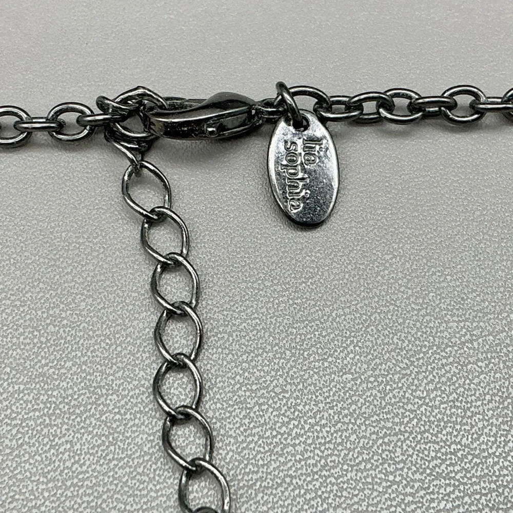 Lia Sophia Necklace Black Silver Tone Geometric Rhinestone Long Statement Chain